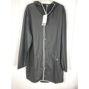 Rains Long‎ Black Waterproof Hooded Raincoat Jacket XL